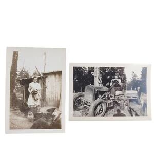 Antique 1920s Era Photographs Rural Farm Life, Woman w Chickens, Man on Tractor